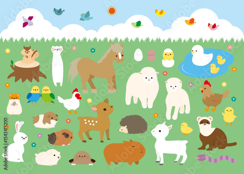 Eclectic Cartoon Animals in Sunny Meadow Illustration