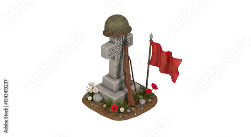 Remembrance and Sacrifice: A Symbolic Tribute to Fallen Soldiers Depicted with Helmet, Rifle, Gravestone, Poppy Flowers, and Red Flag