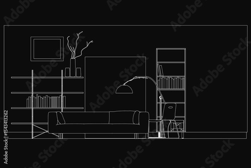 A cozy living room sketched in black and white, featuring a plush couch, armchair, and a stylish floor lamp. A bookshelf, decorative flower vase, and framed wall art complete the inviting space.