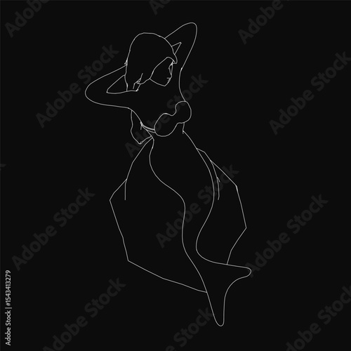 A graceful mermaid in a flowing dress dances elegantly against a dark background, her silhouette captured in intricate black and white line art. The detailed illustration evokes a dreamy, ethereal.
