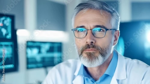 Confident mature male doctor with gray hair, beard, and eyeglasses in white coat working in modern hospital office, focused on computer monitors displaying medical data, professional and thoughtful