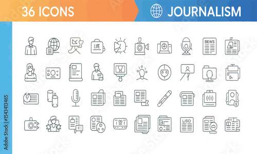 Journalism Icon Set Thirty-six Line Icons for News Media Reporter Broadcasting Journalist