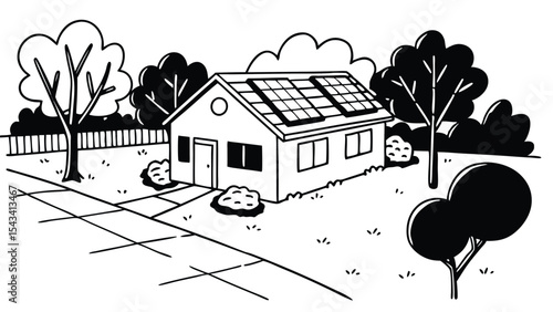 Illustration of a house with solar panels on the roof surrounded by trees and a picket fence in black and white