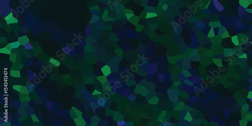 Geometric mosaic pattern with deep greens and blues representing a complex digital landscape with varying shades and fragmented elements
