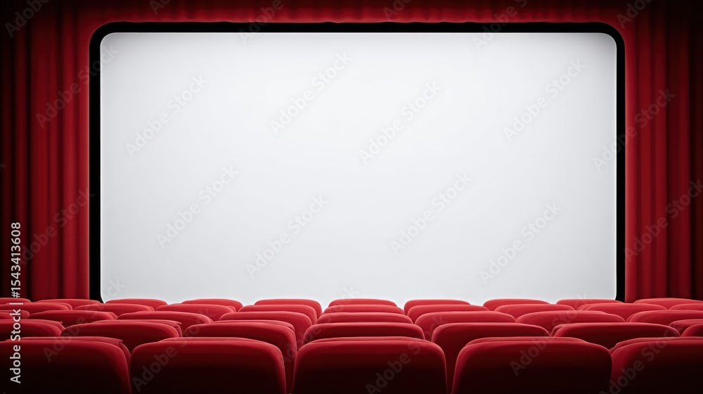 Fototapeta premium Empty cinema hall with red curtains and a large blank screen