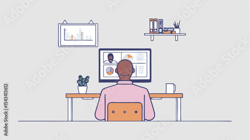 Person sitting at desk facing computer screen with video conference in home office setting view from back
