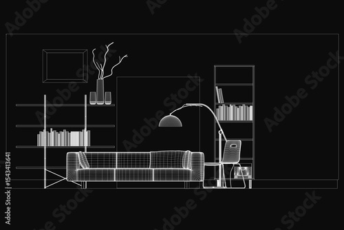 A cozy living room sketched in black and white, featuring a plush sofa, armchair, and elegant lamp beside full bookshelves. A flower vase adds a touch of warmth against the dark background, creating.