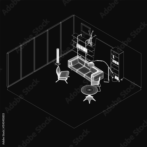 A black and white drawing of a cozy living room features a sofa, chair, and table with a lamp and bookshelf. The dark background creates a mysterious yet inviting atmosphere, perfect for artistic.