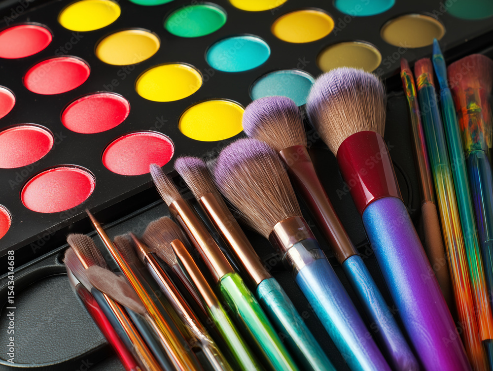 Fototapeta premium Colorful Makeup Brushes and Eyeshadow Palette