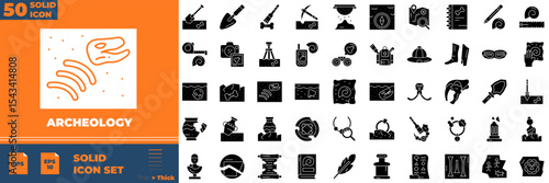 Archeology Solid Editable Icons set. Vector illustration in modern thin solid style of archeology icons: ancient scroll, fossil, megalith, etc