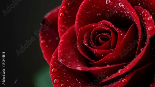 Capture the exquisite beauty of a single red rose, its petals adorned with sparkling water droplets, a true symbol of nature's love and romance in macro detail