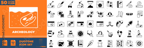 Archeology Duotone Editable Icons set. Vector illustration in modern thin duotone style of archeology icons: ancient scroll, fossil, megalith, etc