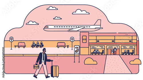 Illustration of a traveler at an airport with a plane and terminal in a pink and white color scheme