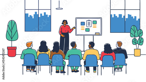 Illustration of a presentation with a speaker and audience in a bright and modern office setting room
