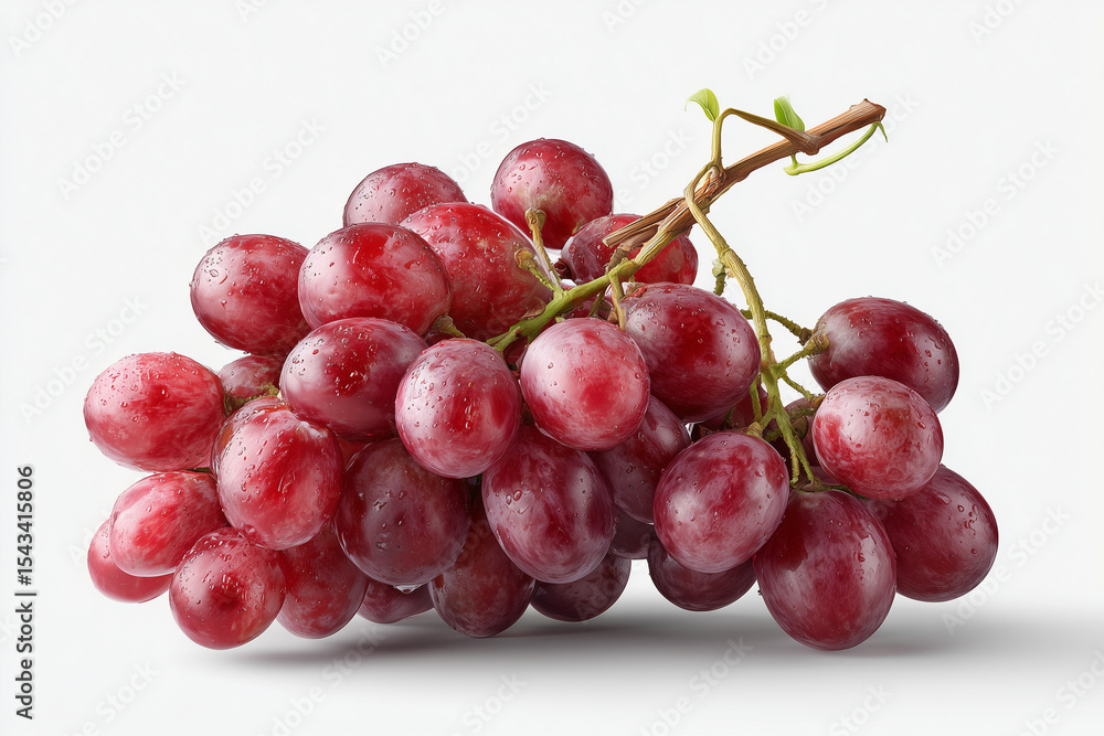 Fresh bunch of ripe red grapes with water droplets and a green stem, isolated on a clean white background with a soft shadow Fresh bunch of ripe red grapes with water droplets and a green stem, isolated on a clean white background with a soft shadow