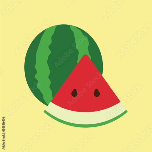 Watermelon in red, green, and black tones presents a vibrant and mouthwatering fruit icon.