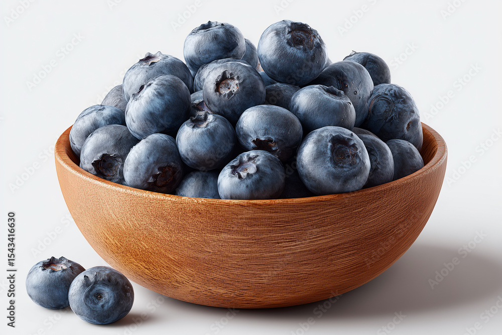 A wooden bowl overflowing with fresh, plump blueberries, showcasing their natural bloom and texture, isolated on a clean white background A wooden bowl overflowing with fresh, plump blueberries, showcasing their natural bloom and texture, isolated on a clean white background