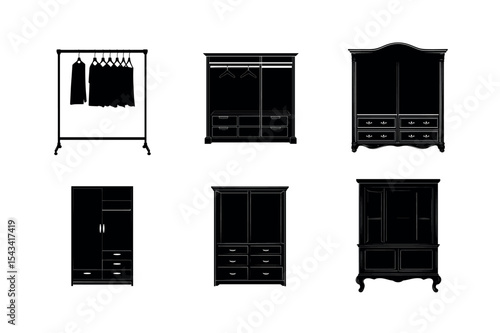 Six black silhouettes of clothing storage furniture