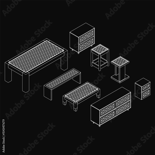 A set of tables and stools in clean line drawing style, arranged symmetrically on a black background. Each table features a unique design, with white lines sharply contrasting against the dark.