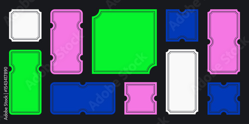 Tickets and coupons y2k simple plain backgrounds, empty stickers in retro techno style, frames and borders with ticket stabbing. Vector illustration.