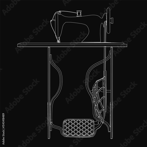 A black and white sewing machine illustration with intricate details, including the spool, needle, thread, and foot pedal. The stark contrast against the dark background highlights the machine's.