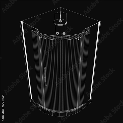 A sleek black and white drawing of a modern corner shower cabin with a curved design and glossy finish. The portable enclosure features a side handle for easy movement, set against a sophisticated.