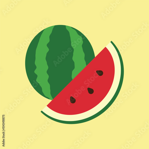 Watermelon in red, green, and black tones presents a vibrant and mouthwatering fruit icon.