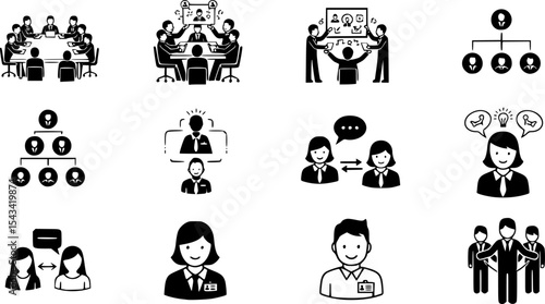 set of business people icons, such as meeting, team, structure, communication, member, group