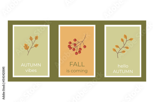 Set of autumn banners Oak leaves, rowan and linden branch Vector illustration to design your ideas