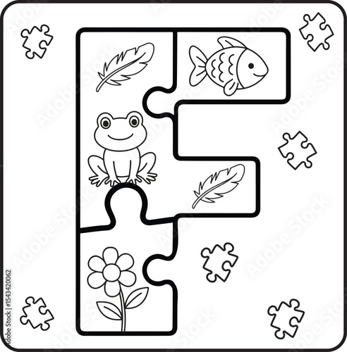 Cuadro en lienzo Letter F Puzzle Alphabet  with Objects kids coloring books for kids