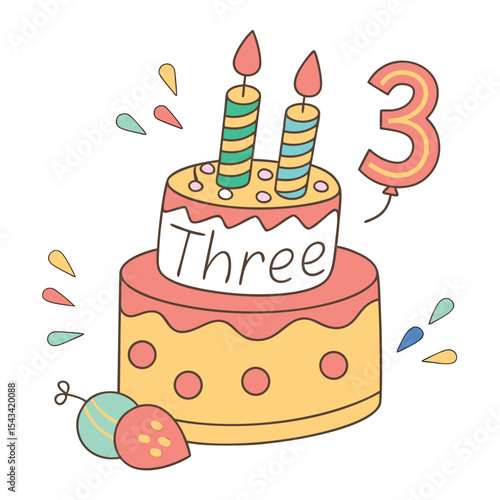 Number three cake, colorful, vibrant for a happy third birthday.