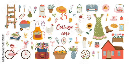 Cottage core lifestyle set. Flat vector illustration with texture. Isolated elements of garden tool, cute dress, tea set of dishes, harvest, hobby, bicycle, wildflowers and other items of rural life.