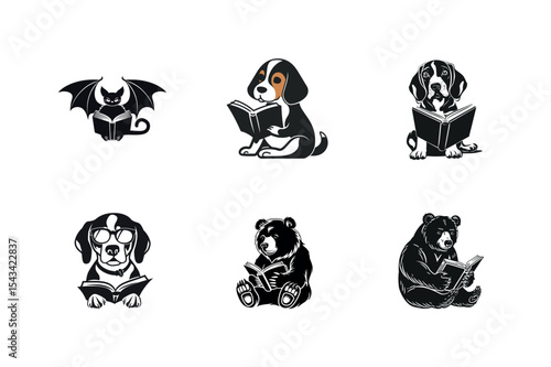 Cute animals reading books vector illustrations