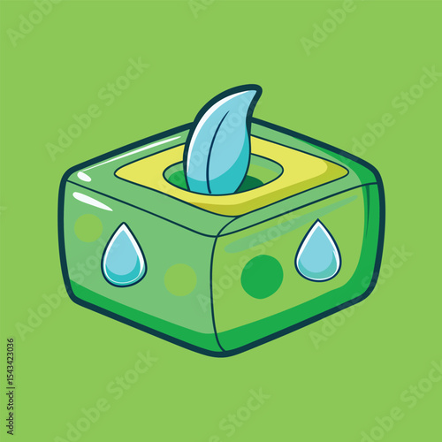 A stylized cartoon illustration of a cube-shaped container, likely representing a product related to sustainability or eco-friendliness.