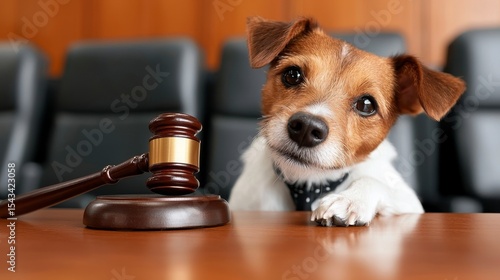 A jack russell terrier dog in a tie sits behind on a chair with a judge s gavel on the table. A canine companion formally attired awaits judgment a legal instrument nearby.