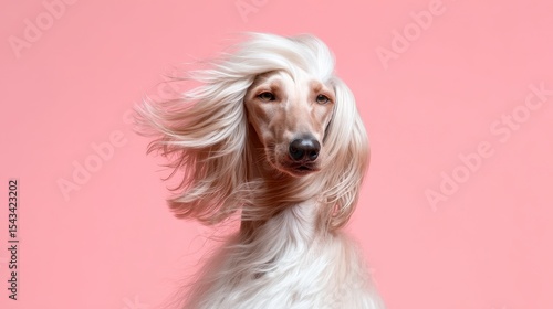 An elegant Afghan Hound poses against a pink background its long flowing hair blowing gracefully in the wind. A majestic canine model displays exquisite coat texture against a delicate