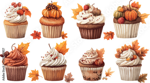 Festive Fall Cupcakes with Autumn Leaves and Pumpkin Decorations Perfect for Thanksgiving or Halloween Celebrations Watercolor Style Isolated on White Background Delicious and Visually Appealing