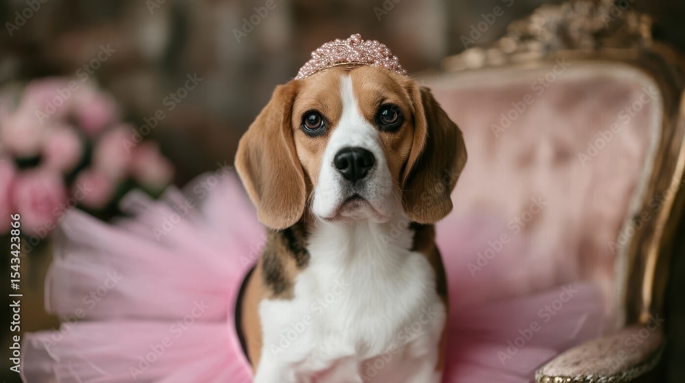 Elegant beagle dog in a pink tutu sitting gracefully on a vintage armchair. Perfect for luxury and pet fashion themes. A charming canine model a pretty pup in stylish attire poised Elegant beagle dog in a pink tutu sitting gracefully on a vintage armchair. Perfect for luxury and pet fashion themes. A charming canine model a pretty pup in stylish attire poised