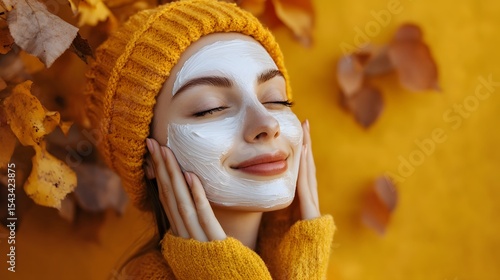 Woman enjoying facial mask treatment for healthy skin and beauty during autumn season skincare routine