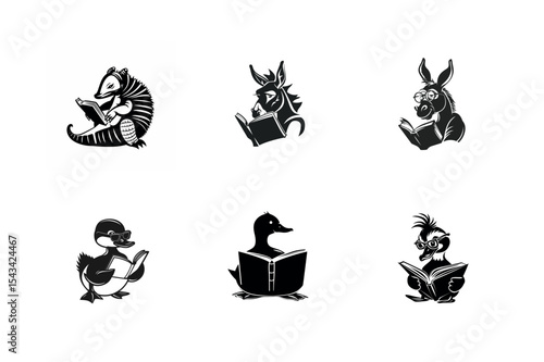 Six adorable animals reading books illustration