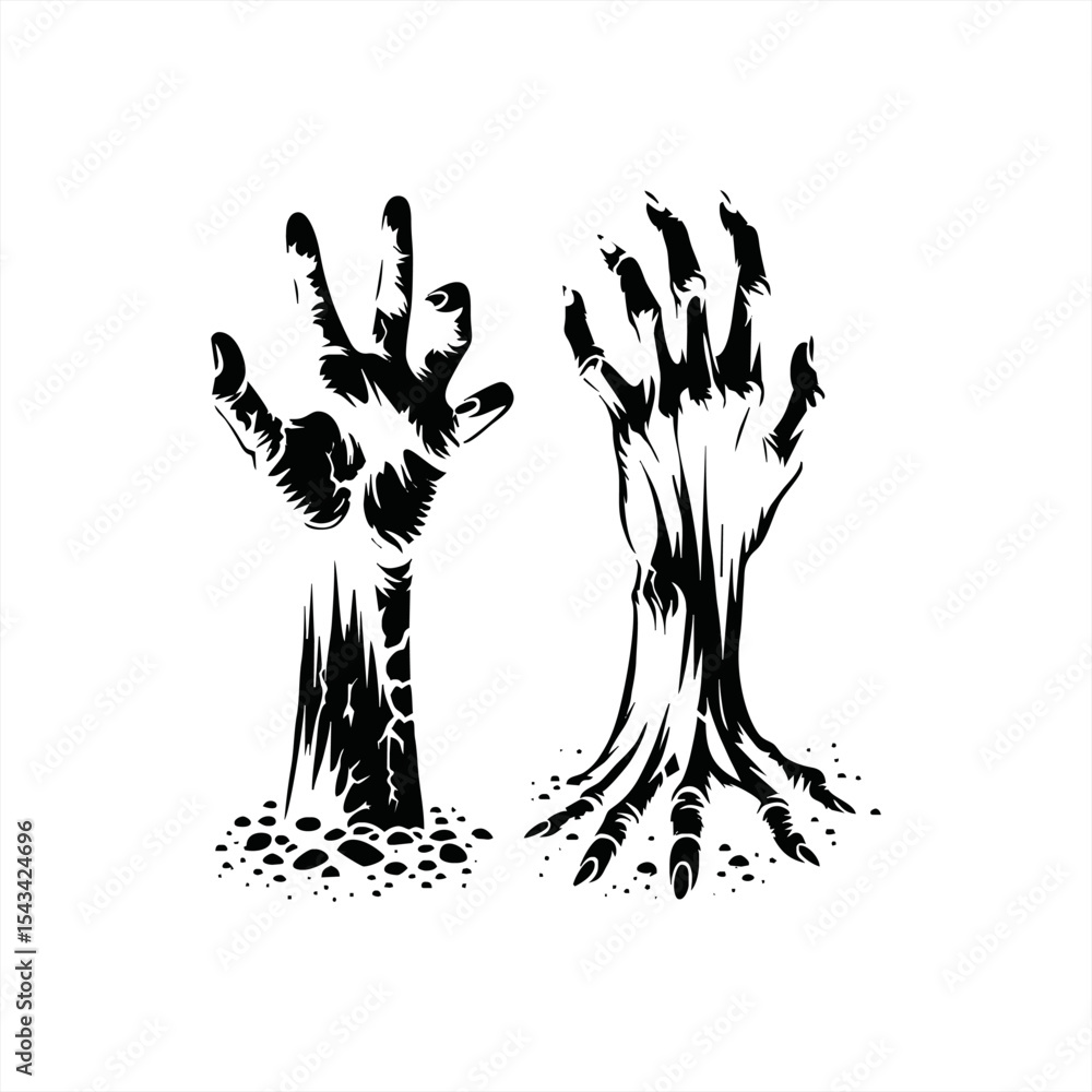Fototapeta premium Scary human or zombie hand from the ground silhouette icon set. hand Halloween decorative element. Vector illustration