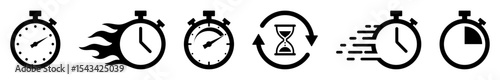 Set of stopwatch and timer icons including speed, countdown, hourglass, and fast motion concepts. Ideal for time, deadline, productivity, and stopwatch. Icons, vector, symbols.