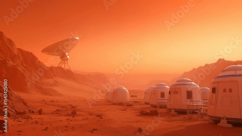 Futuristic research base with communication satellite positioned among rocky Martian landscape. White modular habitation pods scattered across red desert terrain with mountainous background