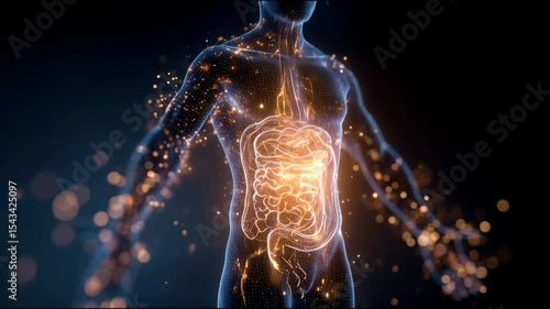 Human silhouette illustrates glowing stomach and brain connection with microscopic gut bacteria surrounding the figure	