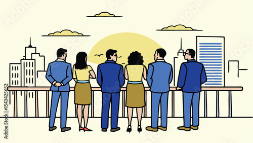 Group of business people looking at city skyline with sun and clouds from a high vantage point