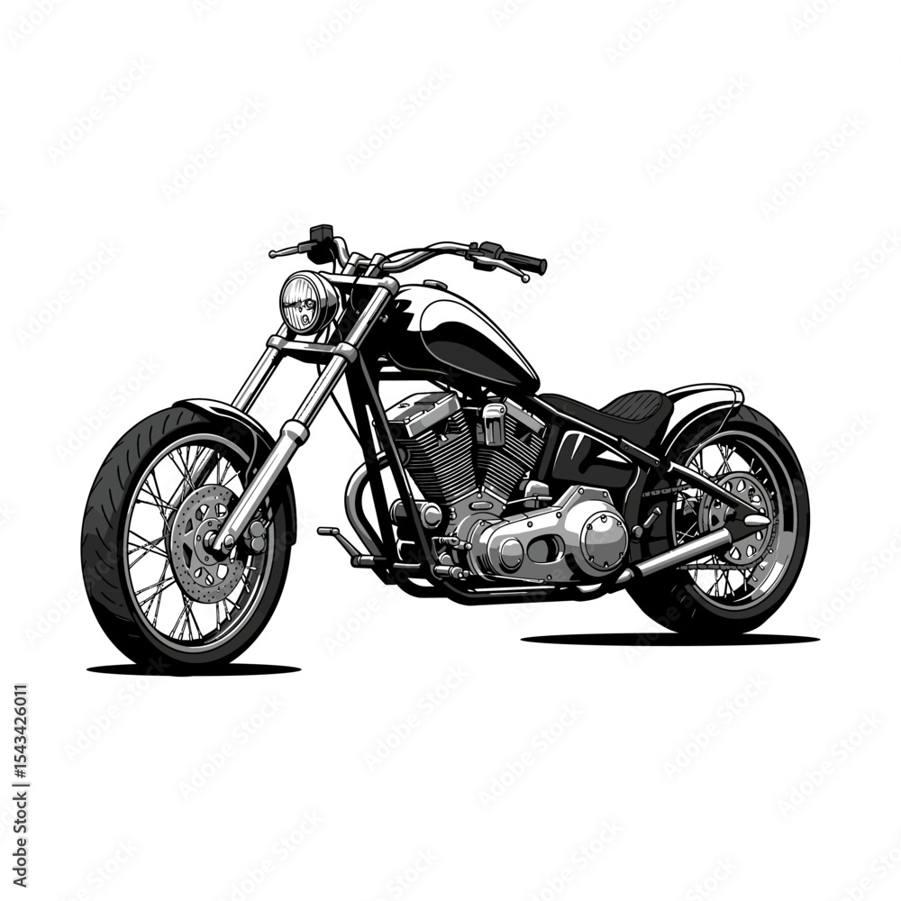 Fototapeta premium Sleek Black and Silver Motorcycle Illustration of American Chopper Style Isolated on White a Classic Design