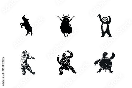 Six silhouettes of animals in playful poses