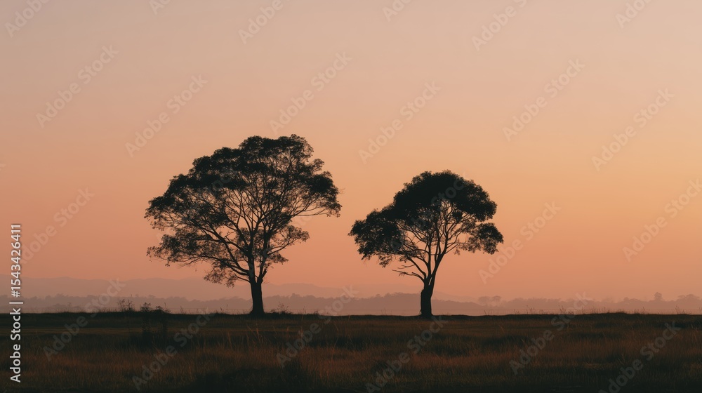 Fototapeta premium Silhouette of two trees against a warm sunset horizon in open landscape