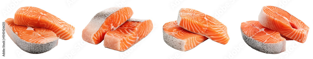 Salmon Steak, a Single Piece of Fresh Raw Fillet, Gourmet Cuisine with Transparent Skin, PNG set with transparent background Salmon Steak, a Single Piece of Fresh Raw Fillet, Gourmet Cuisine with Transparent Skin, PNG set with transparent background