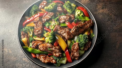 Delicious Beef and Broccoli Stir Fry Dish in a Black Plate on Dark Brown Background with Assorted Colorful Vegetables